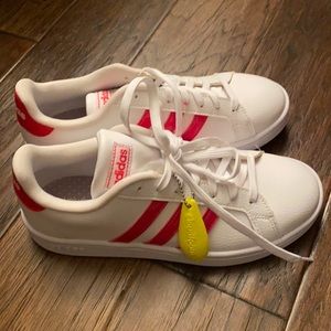 adidas white and hot pink stripe laces sneakers